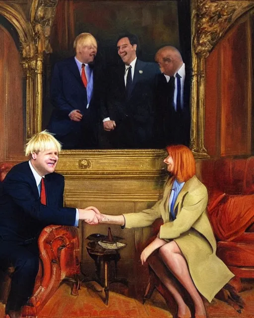 Image similar to an oil painting of uk politician former prime minister boris johnson having a meeting with satan, smiling and shaking hands, 4 k detail