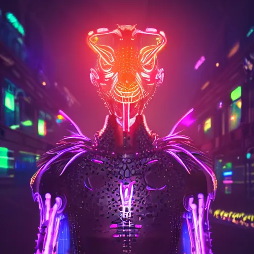 Prompt: handsome cybernetic dragon in a cyberpunk night club, portrait bokeh, neon club lighting, digital art, 4K UHD