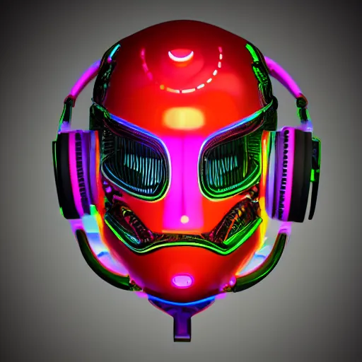 Image similar to a glossy claymodel of a cyberpunk aztec futurism robot head with glowing headphones, 8 k, symetrical, flourescent colors, halluzinogenic, multicolored, very detailed, black background, 3 d render,