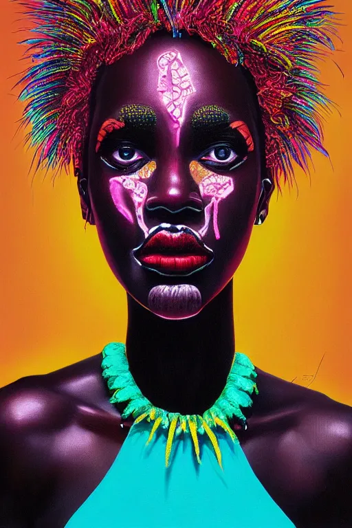 Prompt: detailed portrait of a beautiful African female with face augmentations, strong neon lighting, Afrofuturism, extravagant feathered collar, by glenn fabry, hyper realistic, HD, oil on canvas