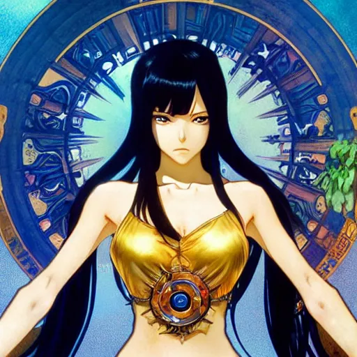 Image similar to highly detailed vfx portrait of nico robin by eiichiro oda, makoto shinkai, alphonse mucha, sharp focus, art by greg rutkowski!, backlit, harsh overhead sunlight, blue eyes, stanley kybric, pixiv, fanbox,