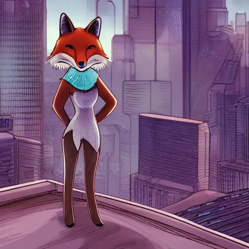 Prompt: an anthropomorphic fox, holding her paws together behind her back staring over a futuristic city from the top of a roof, highly coherent, trending on furaffinity, cyberpunk