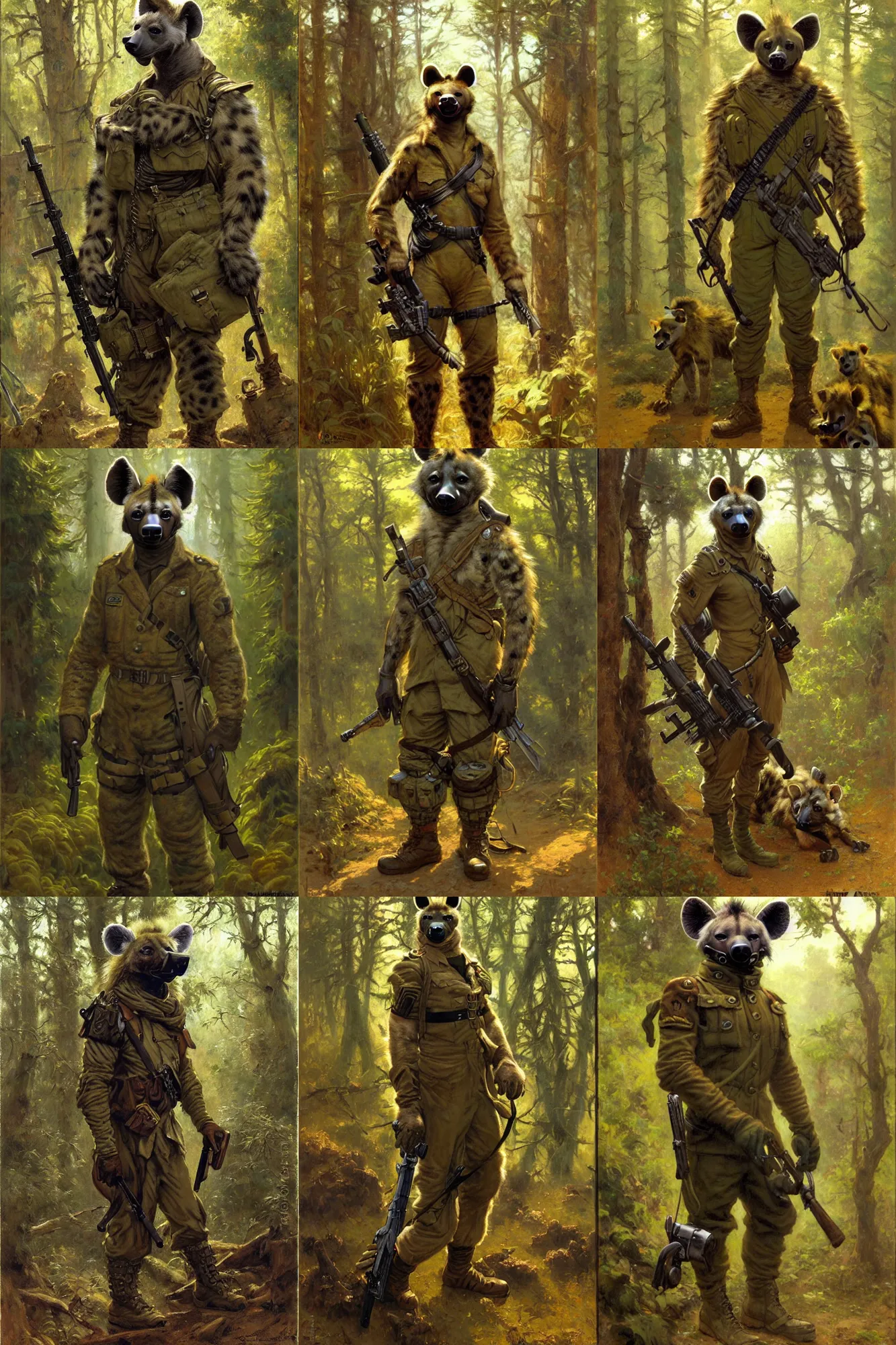 Prompt: anthropomorphic furry hyena soldier wearing modern military gear in a forest, character design, painting by gaston bussiere, craig mullins, j. c. leyendecker, tom of finland