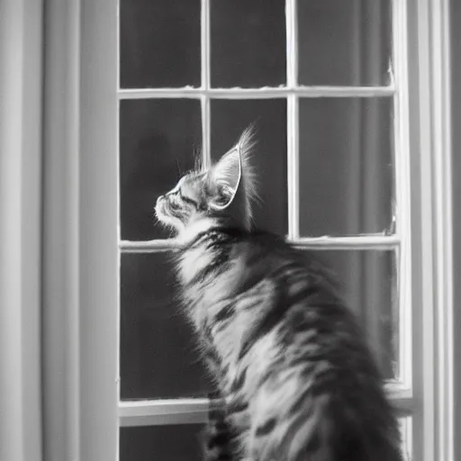 Image similar to view from the back of a backlit maine coon kitten gazing out a sunny window on a warm day. outside there are pretty flowers. 3 5 mm, f / 1 1. 0, is 1 0 0