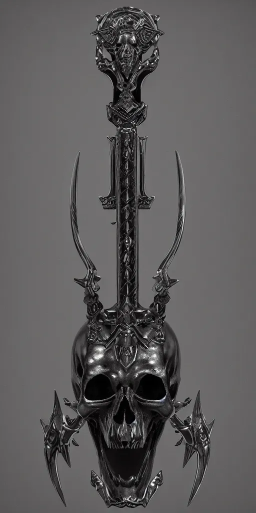 Image similar to a black and silver sword skull crest, ornament, weapon, a 3 d render by dom qwek, front side, concept art, trending on polycount, artstation, hard surface modeling, rendered in maya, zbrush, hd, vray, blizzard, symmetry