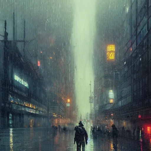 Image similar to a beautifull intricate rainy day in a cyberpunk city, brutalism, punks, reflexions, raindrops, high details by william turner art, greg rutkowski and alphonse mucha, trending on artstation, very very detailed, masterpiece,