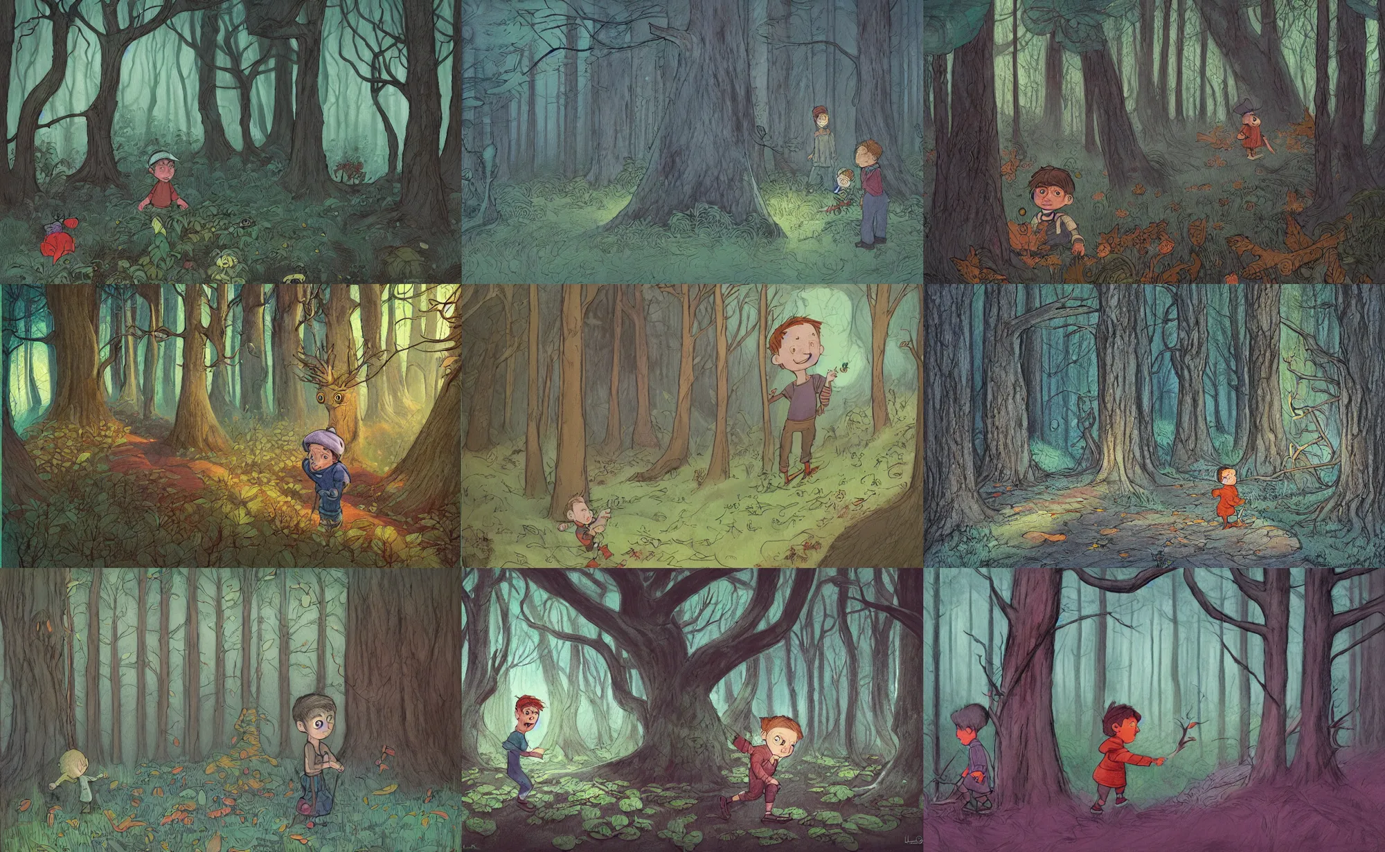 Prompt: children book illustration of boy in haunted forest, by beatrice blue, by julia sarda, by loish, by szymon biernacki. classic, guache, crayons, pastels. traditional. dark. low saturation. artstation. behance. intricate. detailed, flat, textured, orthoview.