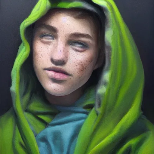 Image similar to woman with freckles, 1 8 0 pounds, short brown hair, green eyes, wearing a grey hooded sweatshirt, trending on artstation, oil painting, volumetric light