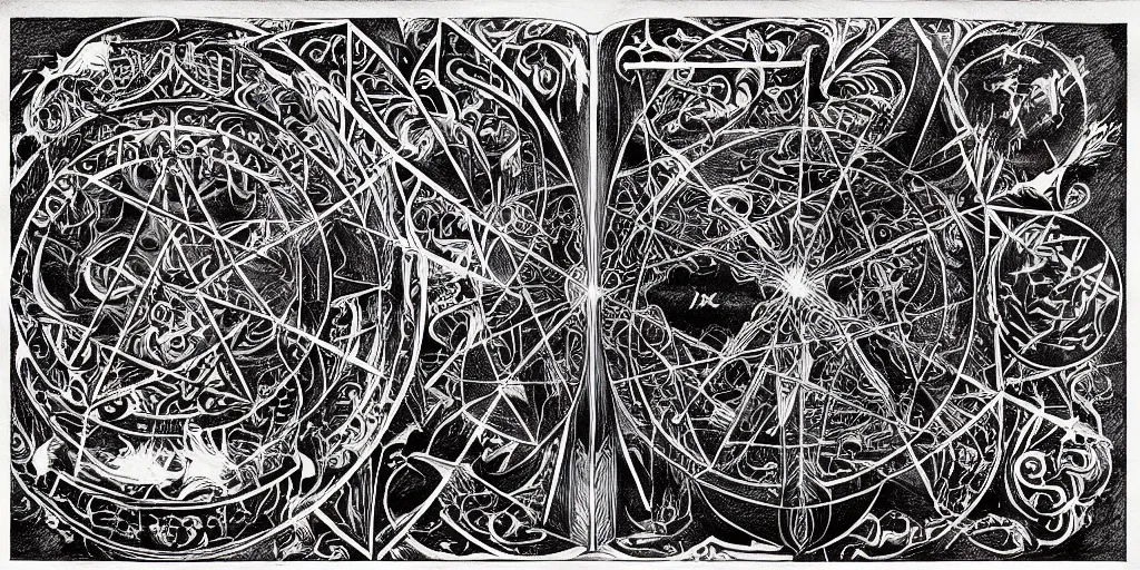 Image similar to There are nightmares rising from the shadows and they hunger for our dying hope, The Books of Sorrow, grimoire, forbidden knowledge, malice, conjuring runes, arcane, arcana, spell book, sacred geometry, ink illustration, black ink, white paper, sketching, detailed line work, infographics, technical manual, technical blueprints, intricate and ornate, highly detailed, gothic, creepy, epic, engraved, 8k