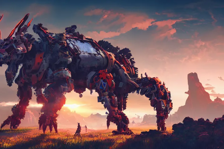 Image similar to behemoth machine mecanical creature robot of horizon forbidden west horizon zero dawn radiating a glowing aura global illumination ray tracing hdr fanart arstation by ian pesty and alena aenami artworks in 4 k