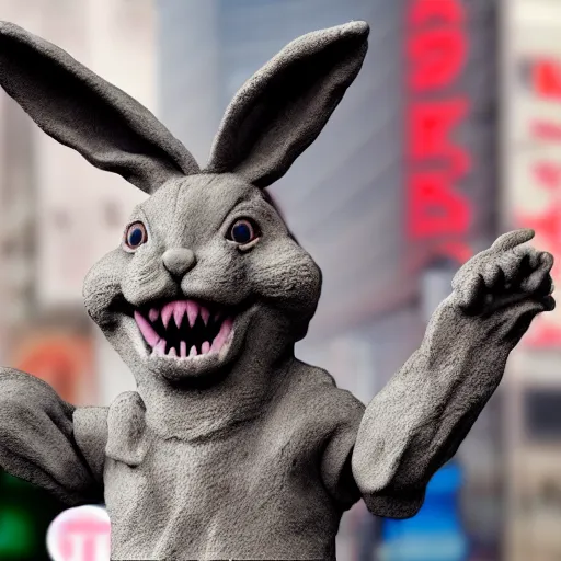 Prompt: a realistic clay sculpture of a very scary bunny with sharp teeth made by michelangelo, standing in times square, 3 d render, hyper detailed, sharp focus, 8 k resolution