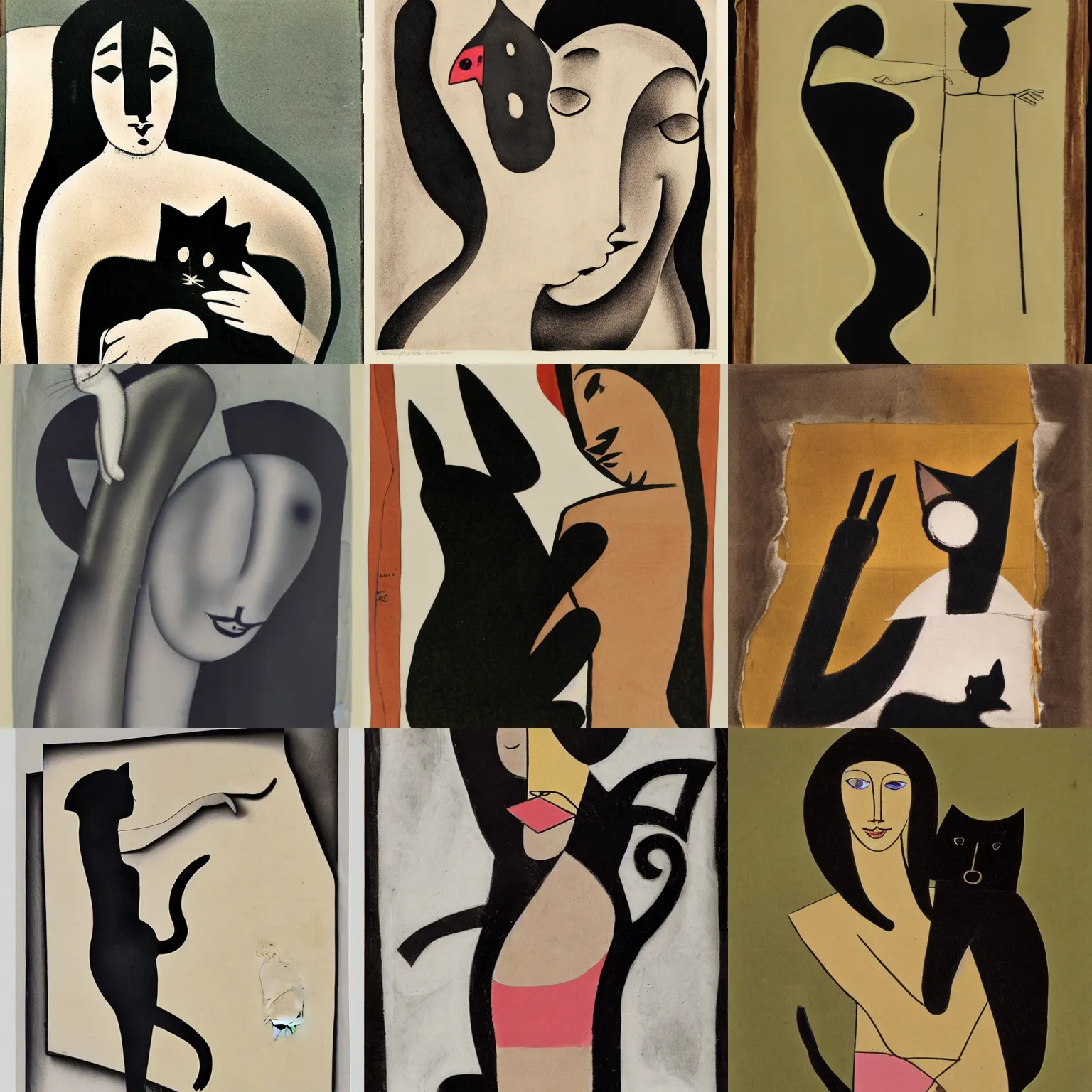Prompt: woman and cat, collage on paper by man ray