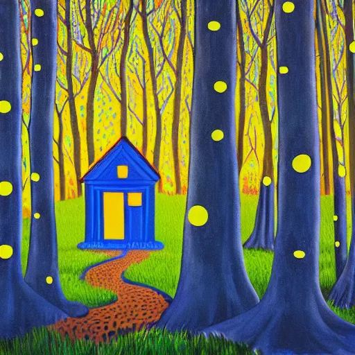 Prompt: a painting of a eerie cabin in the middle of the woods in the style of yayoi kusama