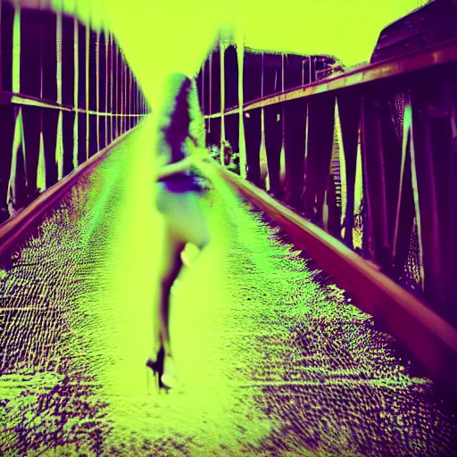 Prompt: girl in a black dress leaning against a bridge rail, chromatic aberration, glitch art,