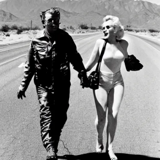 Image similar to marilyn monroe and astronaut walking across highway in arizona