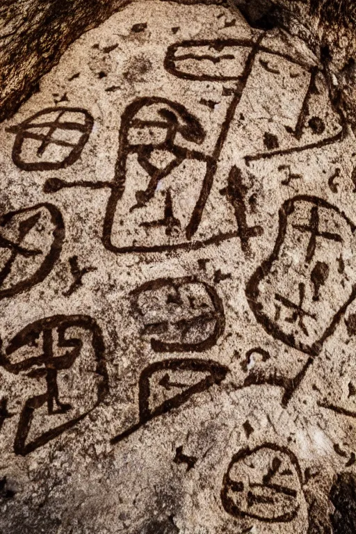 Image similar to 4 k photography of petroglyphs representing crosses, ufo, yin yang symbol on a cave