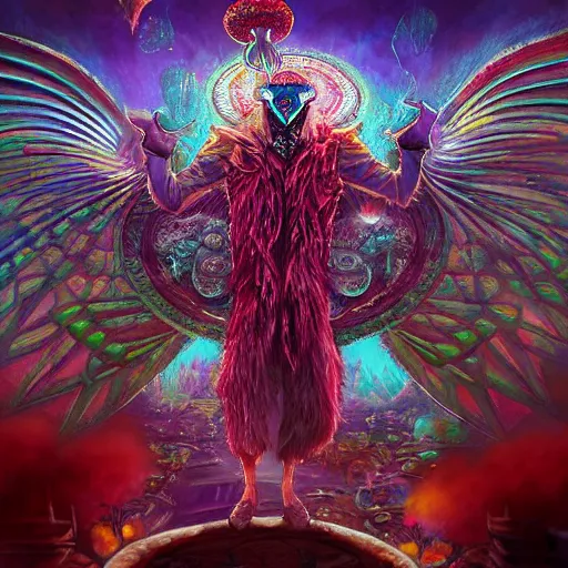 Prompt: 8K headshot Portrait of centered chest up of a psychedelic godlike mothman with giant mandala wings smoking a hand-rolled cigarette smoking heavily , magic mushroom village in background , post-processing , award winning. superb resolution. in the art style of Tony Takezaki and Greg Rutkowski . Detailed Mushroom city in background. Hyper realistic anime. Perfect art. Dalle2