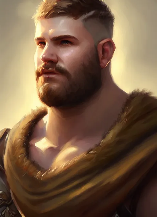 Image similar to a _ fantasy _ style _ portrait _ painting _ of chubby white barbarian male very short hair short stubble, brown hair, rpg dnd oil _ painting _ unreal _ 5 _ daz. _ rpg _ portrait _ extremely _ detailed _ artgerm _ greg _ rutkowski _ greg