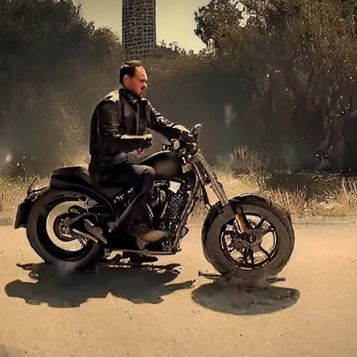 Image similar to VFX movie of Mark Zuckerbeg plays Terminator, rides a Harley motorobike, action scene be Emmanuel Lubezki