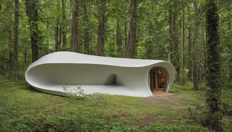 Image similar to A unique innovative sea ranch style creative cabin in a lush green forest with soft rounded corners and angles, 3D printed line texture, made of cement, connected by sidewalks, public space, and a park, Design and style by Zaha Hadid, Wes Anderson and Gucci