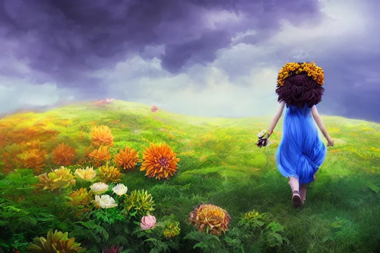 Image similar to giant dahlia flower crown under head, girl walking on mountain, surreal photography, blue storm clouds, dramatic light, impressionist painting, digital painting, artstation, simon stalenhag