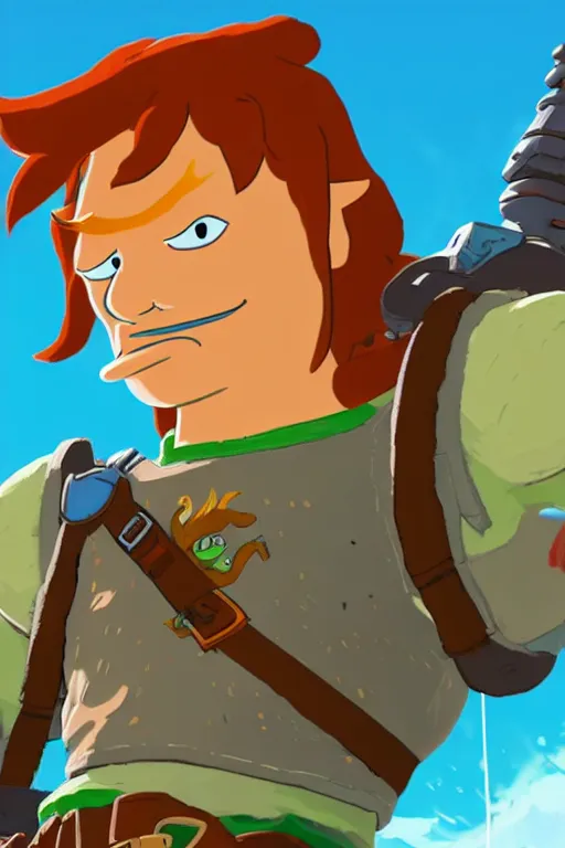 Prompt: an in game portrait of fry from futurama in the legend of zelda breath of the wild, breath of the wild art style.