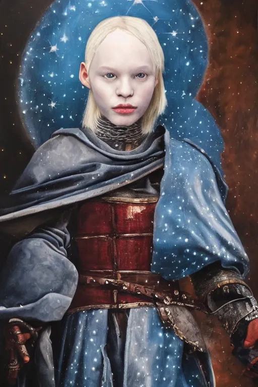 Image similar to hyperrealism oil painting, close - up portrait of albino medieval fashion model, knight, steel gradient mixed with nebula sky, in style of baroque