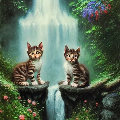 Prompt: two kittens in the enchanted forest stand on the steps and watch the waterfall, fantasy, intricate, extremely detailed, face enhance, matte, featured in artstation, art by louis wain, greg rutkowski