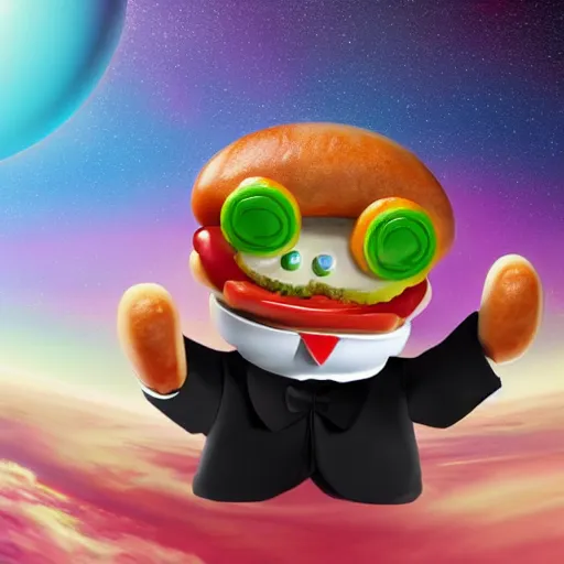 Image similar to a beautiful hotdog character in space wearing a tuxedo with colorful bright green eyes, medium shot, hd, 8k, hyper-realism, detailed,