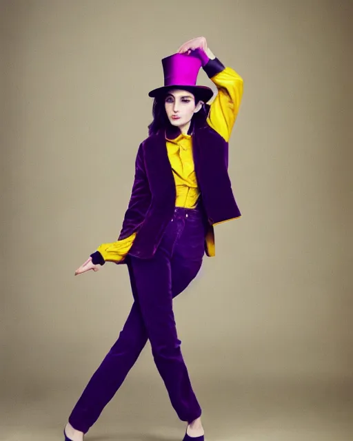Image similar to photos of young winona ryder wearing a yellow leather jacket, green corduroy pants, a red silk blouse, and purple velvet top hat on her head, photoshoot in the style of annie leibovitz, photorealistic, soft focus, bokeh, 5 0 mm