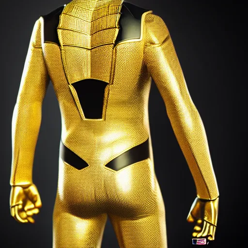 Image similar to gold spider - man suit with black web lining, cinematic, volumetric lighting, realistic, hyperdetailed, photorealistic, photograph