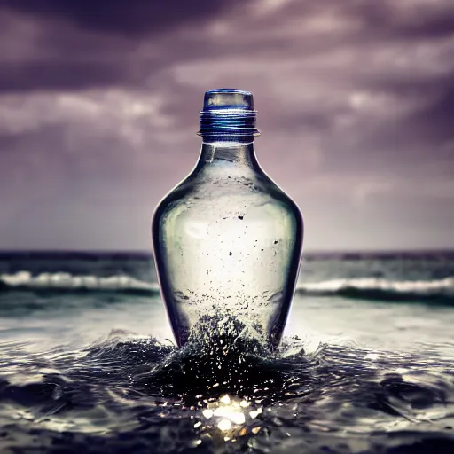 Prompt: a human head in a bottle in water art manipulation shape, on the ocean water, futuristic, glowing, hyper realistic, ray tracing, realistic water splashes, sharp focus, long shot, 8 k resolution, cinematic, photoshop art