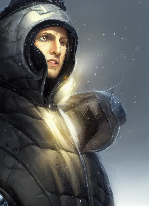 Prompt: patrick fabian wearing a black supreme puffer jacket and a beanie, elegant, digital painting, concept art, smooth, sharp focus, illustration, from starcraft by ruan jia and mandy jurgens and artgerm and william - adolphe bouguerea