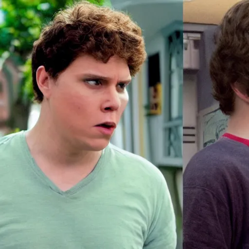 Image similar to Live Action Still of Jerma in Superbad, real life, hyperrealistic, ultra realistic, realistic, highly detailed, epic, HD quality, 8k resolution, body and headshot, film still