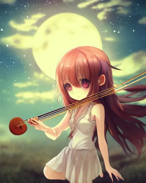 Image similar to chibi, cute, melancholy, full body, cat girl with white skin and golden long wavy hair holding a violin and playing a song, stunning art style, filters applied, lunar time, night sky, trending art, sharp focus, centered, landscape shot, fate zero, simple background, studio ghibly makoto shinkai yuji yamaguchi, by wlop