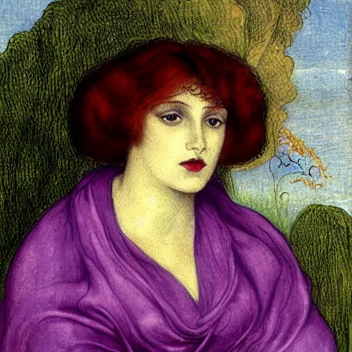 Image similar to bald young female with purple skin by Rossetti