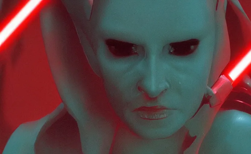Prompt: screenshot portrait of sith lord queen female villian, in a teal round Temple scene from lost star wars film from 1980s directed by Stanley Kubrick, 4k restoration, iconic shot, surreal sci fi set design, photoreal portrait Carrie fischer and Harrison Ford, detailed face, moody lighting stunning cinematography, hyper detailed, sharp, anamorphic lenses, kodak color film