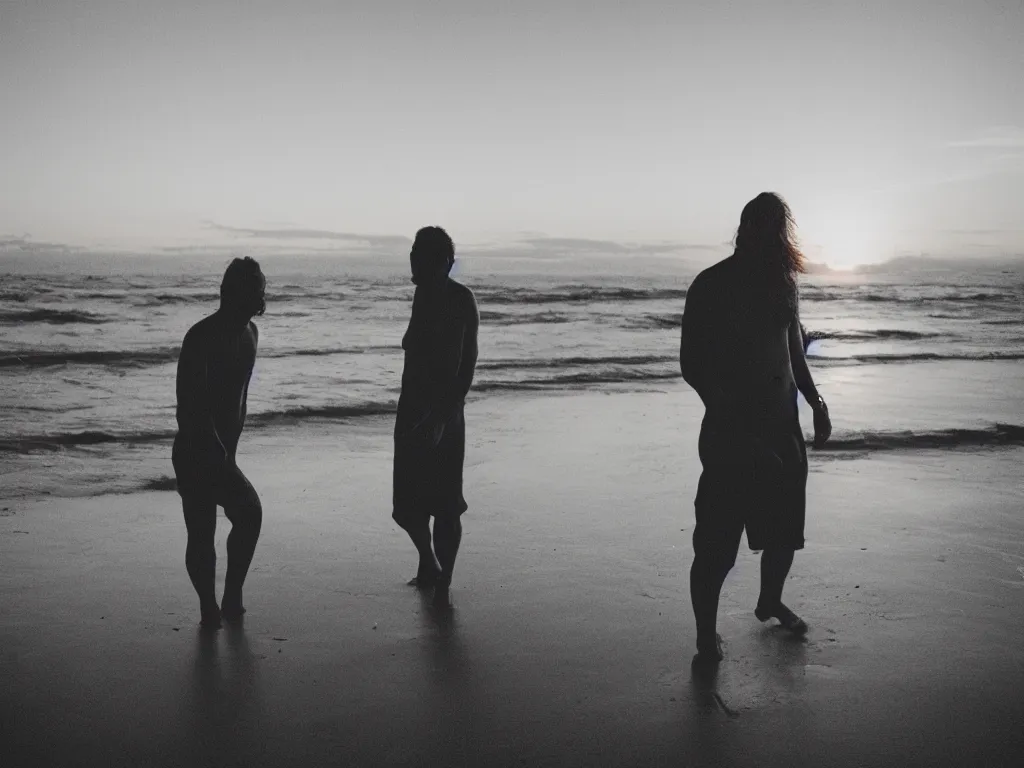 Image similar to 3 5 mm photography of huggy wuggy on a beach, sunset