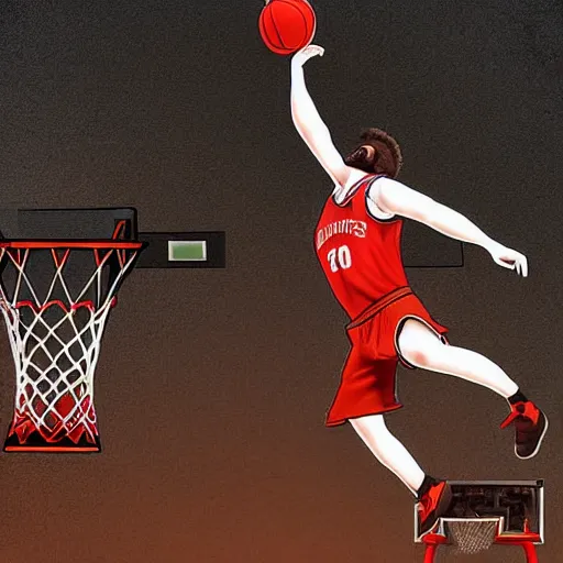 Image similar to a dwarf is dunking a basketball, digital art, highly detailed, realistic, bright colors, 8 k