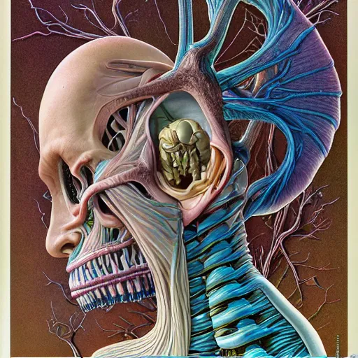 Image similar to nightmare etherreal iridescent vascular nerve bundles pearlescent spinal chord horror by naoto hattori, zdzislaw, norman rockwell, studio ghibli, anatomical cutaway