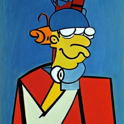 Prompt: in the style of Pablo Picasso art a painting of homer Simpson.