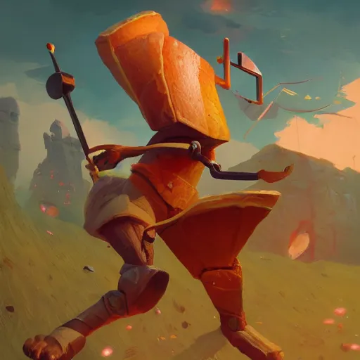 Prompt: battle toast, a slice of toasted bread with a face, arms and legs, holding a sword, volumetric lighting, dynamic composition, fantasy, hyper detailed, ultra realistic, sharp focus, octane render, concept art by sachin teng and sergey kolesov and ruan jia and heng z