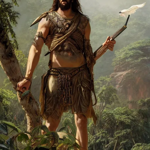 Image similar to a detailed matte painting of a ridiculously good looking jesus who is hunting in the prehistoric jungle with his pet falcon, elegant ancient greek dress, jungle as the background, very detailed, beautiful, intricate, art by greg rutkowski and robert e howard, octane render