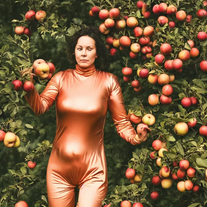 Prompt: a closeup portrait of a woman wearing a copper bodysuit, picking apples from a tree, foggy, moody, photograph, by vincent desiderio, canon eos c 3 0 0, ƒ 1. 8, 3 5 mm, 8 k, medium - format print