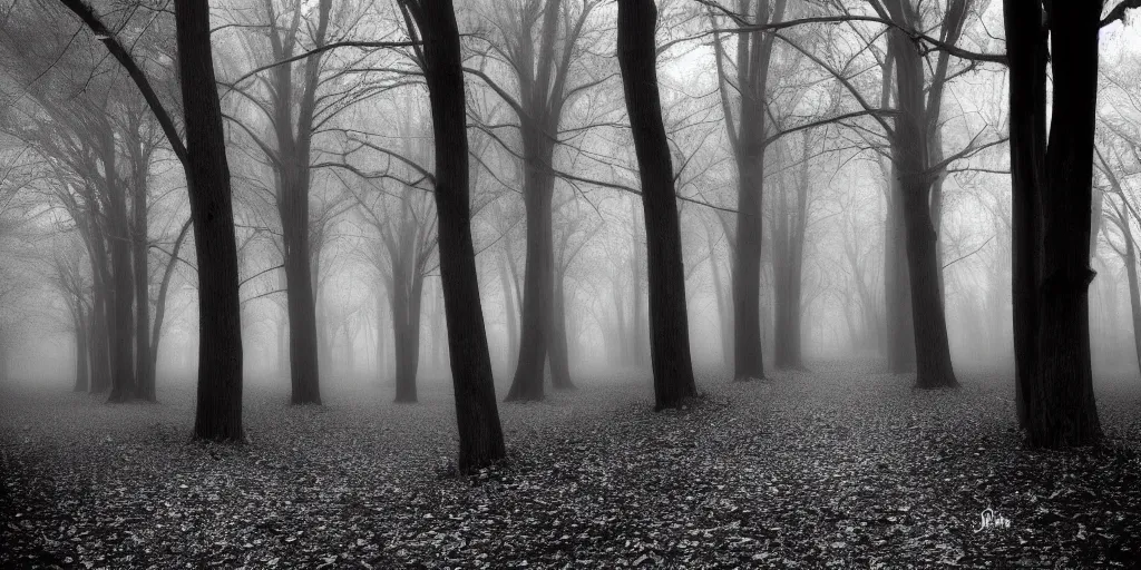 Prompt: dark path creepy trees arching grayscale fog