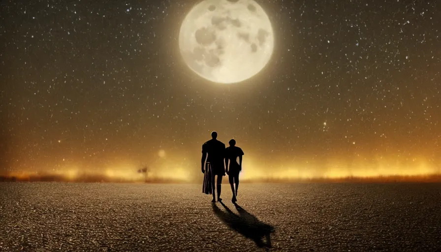 Prompt: a couple leaving together in the night, walking towards the full moon, cinematic lighting, wow, establishing shot