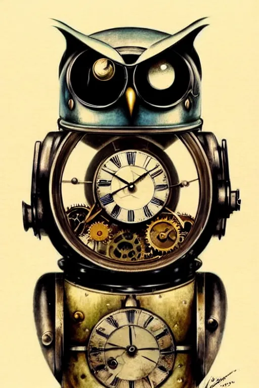 Prompt: (((((1950s robot steampunk clockwork detailed owl . muted colors.))))) by Jean-Baptiste Monge !!!!!!!!!!!!!!!!!!!!!!!!!!!!!!
