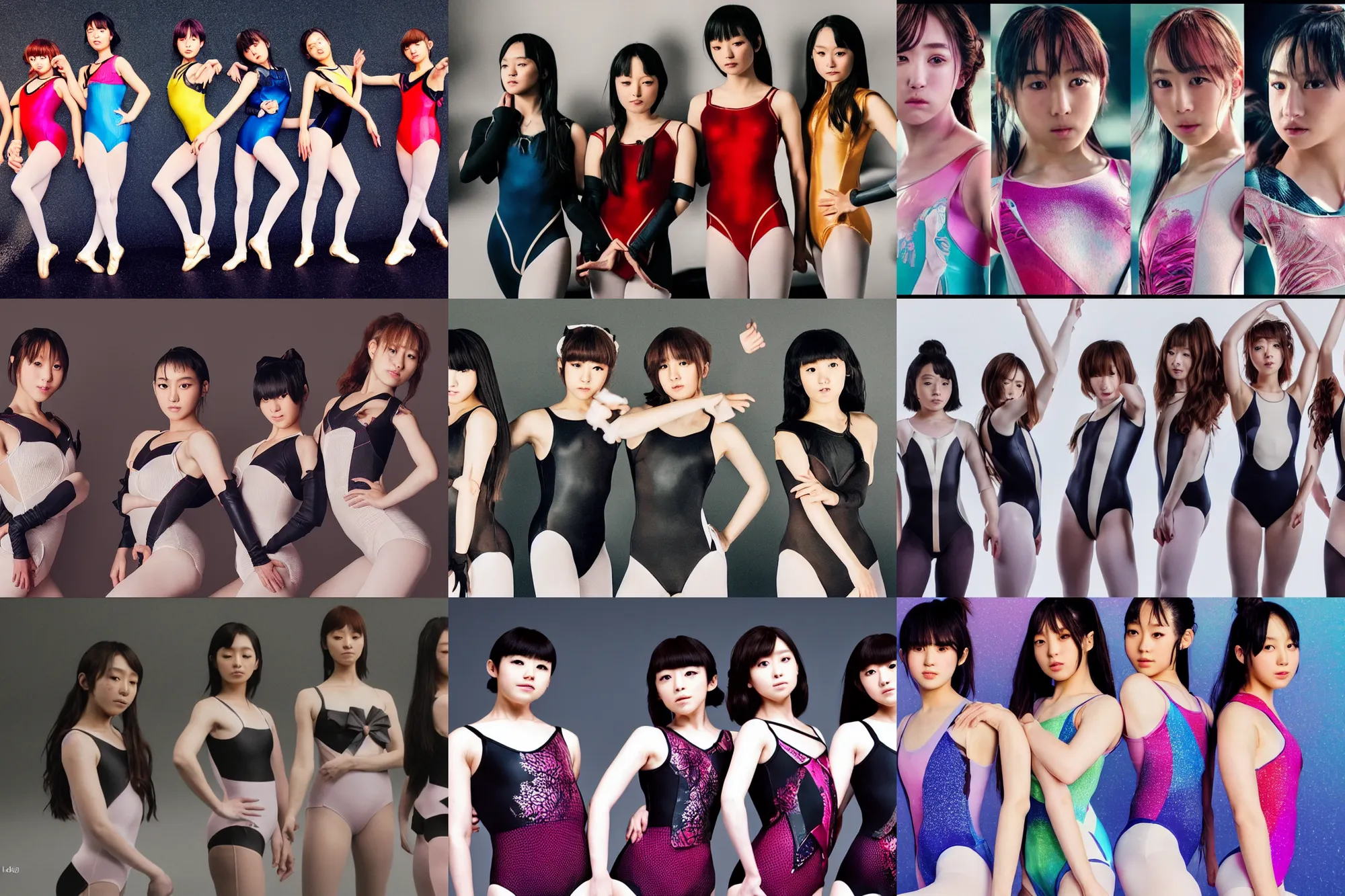 Image similar to unbelievably beautiful, perfect, dynamic, epic, cinematic 8 k hd movie shot, three beautiful cute young j - pop idols actresses in japanese girl band, posing together in leotards. motion, vfx, inspirational arthouse, high budget, hollywood style, at behance, at netflix, with instagram filters, photoshop, adobe lightroom, adobe after effects, taken with polaroid kodak portra