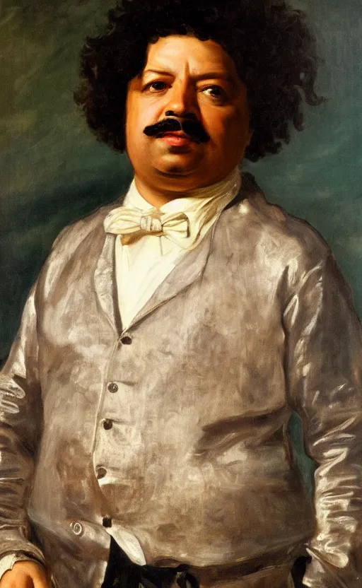 Prompt: Portrait of Alexandre Dumas, oil on canvas, highly detailed, by Delacroix, 8k