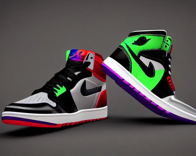 Image similar to 3D render of mid height air jordan sneakers with the joker colors, cinematic, studio lighting, award winning, highly detailed, 4k, hd, sharp